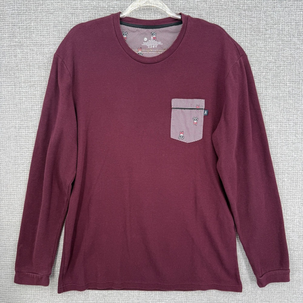 Psycho‎ Bunny Waffle Knit Long Sleeve Pocket T Shirt Mens XL Maroon Minimalist